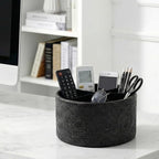 Remote Control Holder, 360°Spinning PU Leather Desk TV Remote Caddy,Desk Storage Box Room Accessories for Controller, Media,Mail,Calculator, Mobile Phone,Pencil(1-Carved Black)