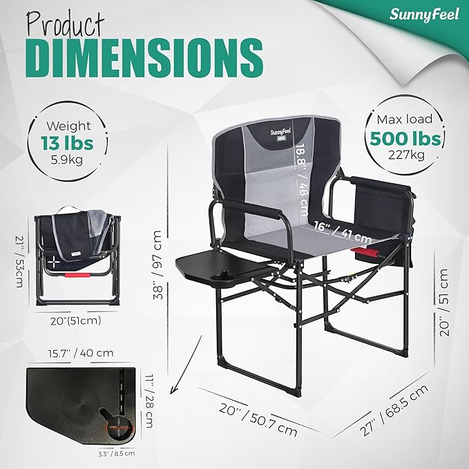 SUNNYFEEL Oversized Camping Directors Chair 500 LBS Heavy Duty, Portable Folding Chair with Side Table, Pocket for Beach, Fishing,Trip,Picnic,Lawn,Concert Outdoor Foldable Camp Chairs