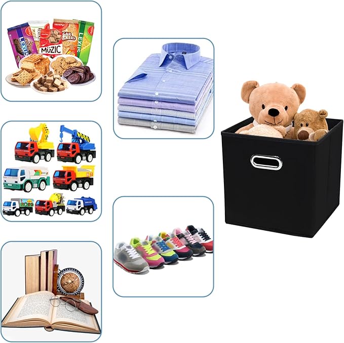 Black Fabric Cubby Storage Bins，13x13x13 Inches ，Cube Organizer Bin Foldable Storage Boxes with Dual Handles Fabric Organizer Box and collapsible Storage basket，Set of 3 ，Black