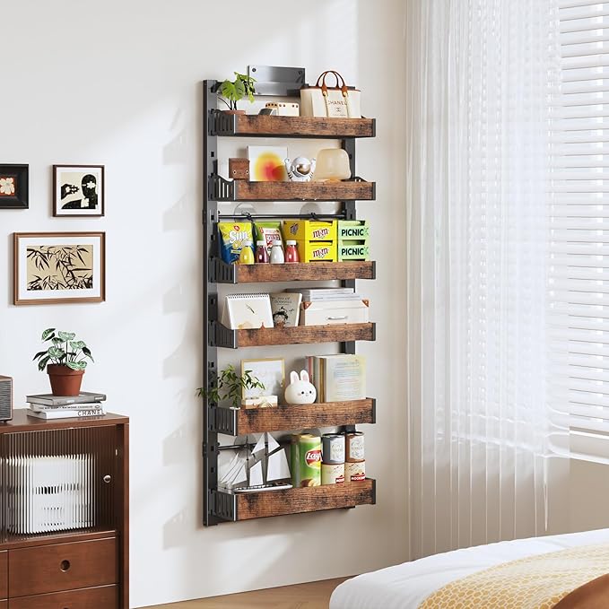 6-Tier Over The Door Pantry Organizer, Heavy-Duty Metal Wall Mount or Hanging Spice Rack, behind the door storage Shelves with Adjustable Basket, Back of Door Organizer for Kitchen Cabinet and Closet