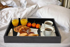 ATZYmolin Wood Serving Tray with Handles, Home Decorative Wooden Rectangle Ottoman Decor Platter Vanity Tray for Breakfast Dinner Drinks Kitchen Dining Living Bathroom Restaurants Black