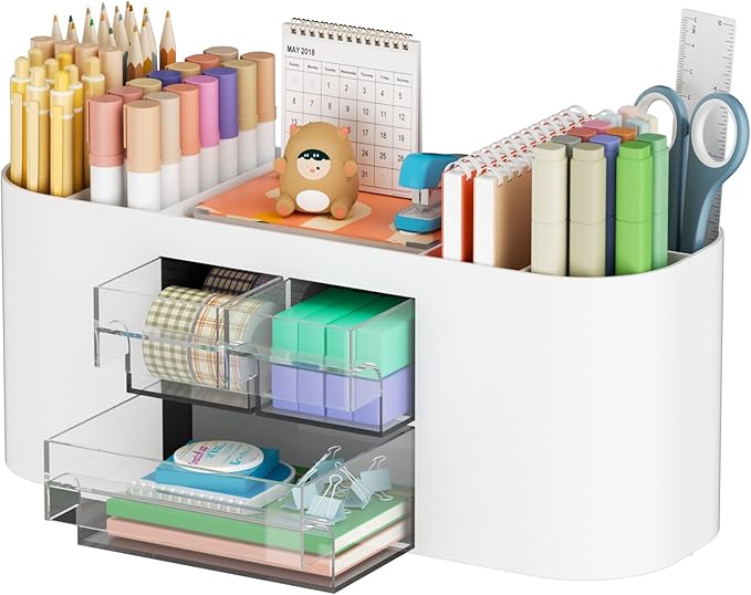Marbrasse Desk Organizer Pen Holder for Desk with 3 Drawers, Multi-Functional Pencil Holder, Desk Organizers and Accessories with 7 Compartments for Home, School, Classroom(White)