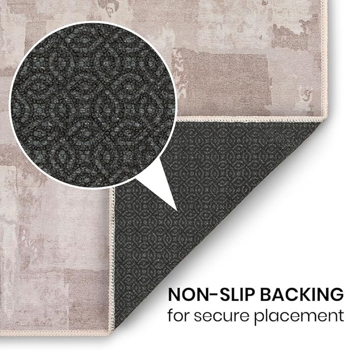 GLN Rugs Contemporary Collection - Machine Washable Area Rug, Contemporary Washable, Non Slip, Low Pile Chenille Rug, Living Room, Bedroom, Kitchen Rug (2'6" x 10' Abstract Tan)