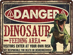 Dinosaur Vintage Tin Sign Dinosaur Feeding Area Great Boy's Room Metal Decor Sign Warning for Bedroom and Playroom 12x16inch