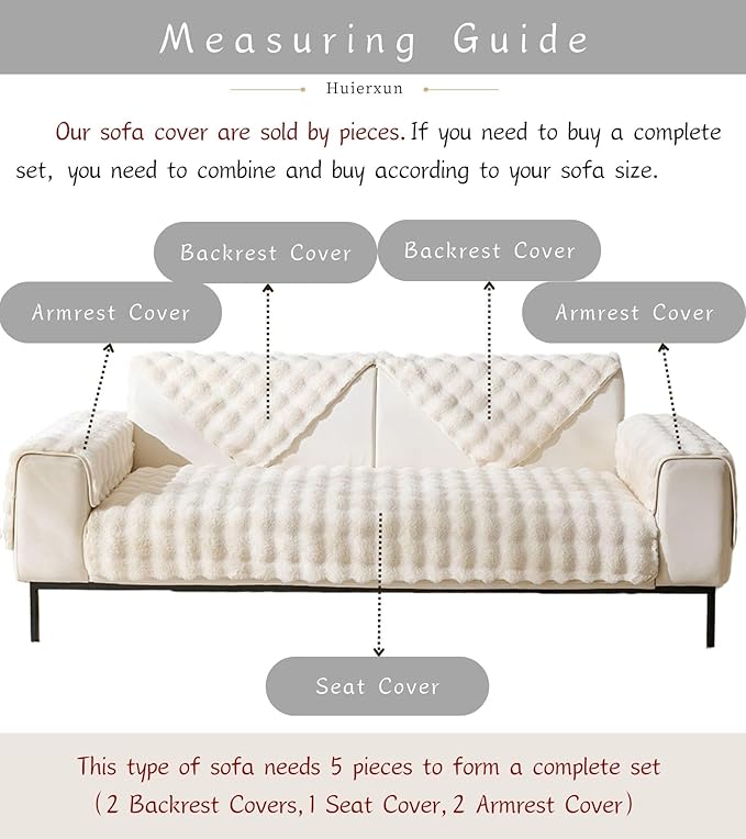 Faux Fur Couch Cover Fuzzy Soft Plush Thick Bubble Sofa Cover Luxury Sectional Couch Covers Luxury Anti-Slip Sofa Slipcover Washable Furniture Protector (Ivory,36"x94")