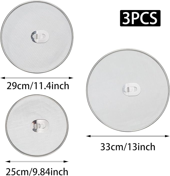 3 Pack Silver Stainless Steel Splatter Screens (9.8", 11.4", 13"), Grease Splatter Guard Ultra-Fine Mesh, Foldable Knob for Cooking/Chefs/Home Cooks
