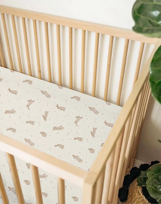 Muslin Bedside Bassinet Sheets 2 Pack, 33x20 Fitted Ultra Soft & Breathable Bedside Sleeper Sheets, Ideal for Baby Girl and Boy, Perfect for Newborns (Hopping Bunnies & Beige)