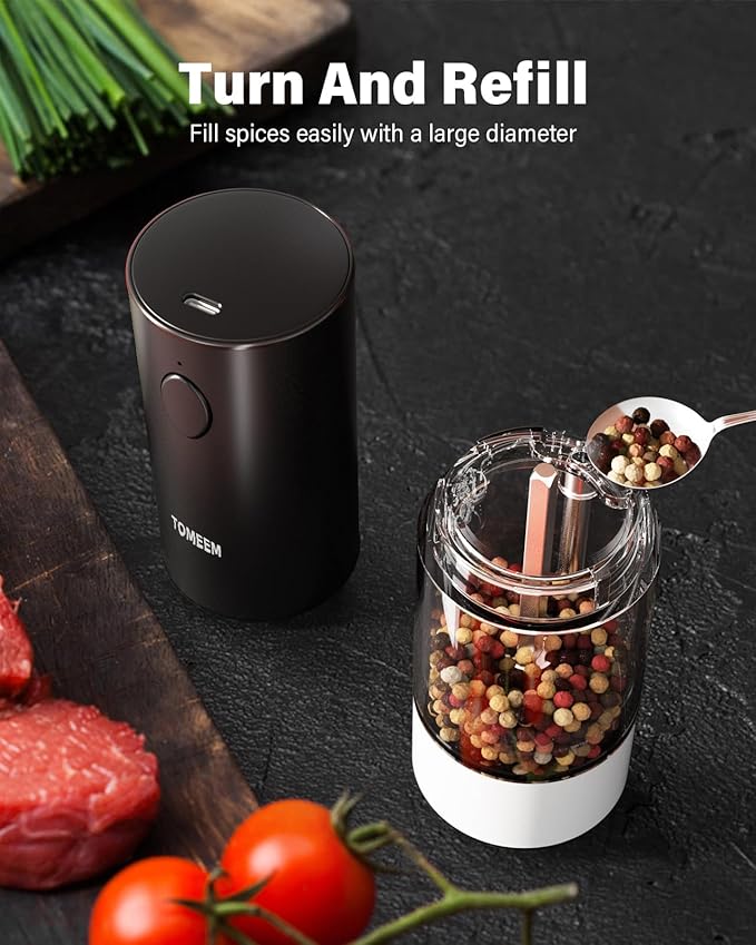 Upgraded Larger Capacity Electric Salt and Pepper Grinder Set Rechargeable with LED lights, Stainless Steel Automatic Pepper and Salt Grinder Refillable with 5 Adjustable Coarseness Black - White