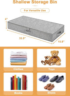 punemi 4 Inch Height Low Profile Under Bed Storage, Underbed Storage Containers With Sturdy Sidewalls & Bottom, Shallow Clothes Storage Bins, Slim Under Couch Sofa Dresser Storage, 2 Pack, Grey