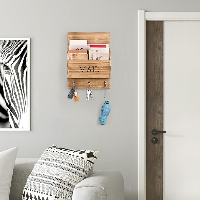 DLQuarts Mail Organizer with Key Holder for Wall Decorative Mail Sorter Wall Mounted, Wooden Mail Holder with 3 Hooks, Carbonized Brown