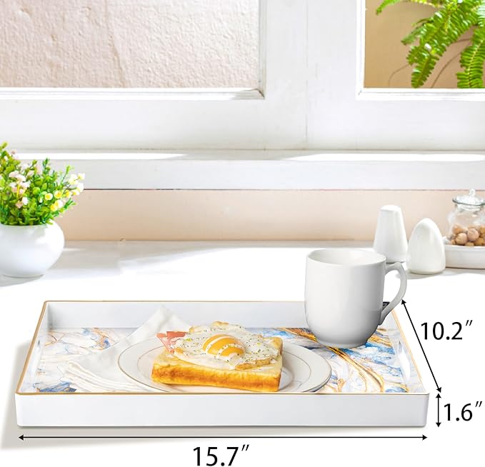 MAONAME Rectangular Decorative Tray, Modern White Serving Tray with Handles, Marbling Plastic Trays for Ottoman, Coffee Table Trays for Living Room, Home Decor, 15.8" x 11.8" x 1.6"