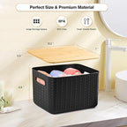 Ohmlove 4 Packs Storage Bins with Bamboo Lids - Plastic Storage Containers with Lids Stackable Storage Box: Storages Baskets for Organizing Desktop Closet Playroom Classroom Office, Black