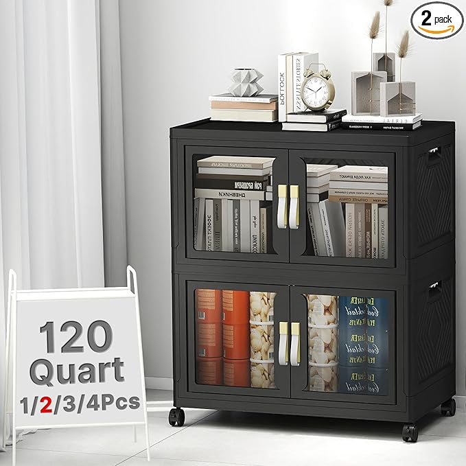 UAMFURI Stackable Storage Bins with Lids, Clear Doors, Large Storage Cabinet Foldable Collapsible Closet Organizers for Bedroom Dorm Office (2, Black, 120, Quarts)