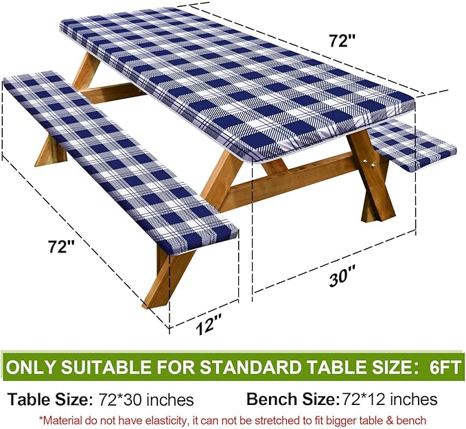 Picnic Table Cover with Bench Covers Camping Essentials Waterproof Windproof Camping Tablecloth with Drawstring Bag, Fitted Rectangle Tables and Seats, 72in, Blue Checkered