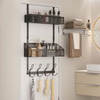 2-Tier Over Door Hook & Basket Organizer 12 Hooks + 2 Mesh Baskets for Bathroom Towels, Kitchen Pantry & Bedroom Storage, No-Drill Hanging Rack, Black