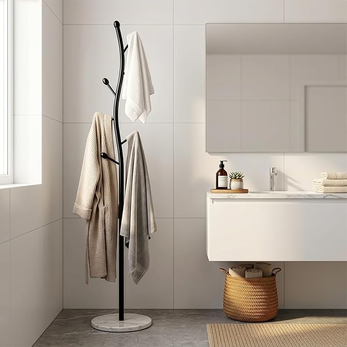 sawsile Black Coat Rack Freestanding,Coat Hanger Stand with Natural Marble Base,Modern Sturdy Metal Clothes Rack Standing Hall Tree Hanger for Hats,Scarf, Bag, Jacket