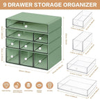 Desk Storage Organizer with 9 Drawers, 4 Tiers Stackable Desktop Craft Storage Drawers, Clear Storage Box Caddy for Stationary Makeup Jewelry Office Craft Supplies (Green)