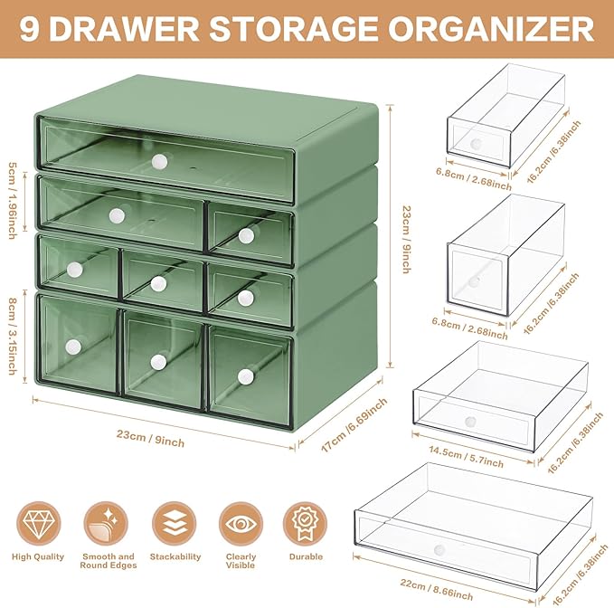 Desk Storage Organizer with 9 Drawers, 4 Tiers Stackable Desktop Craft Storage Drawers, Clear Storage Box Caddy for Stationary Makeup Jewelry Office Craft Supplies (Green)