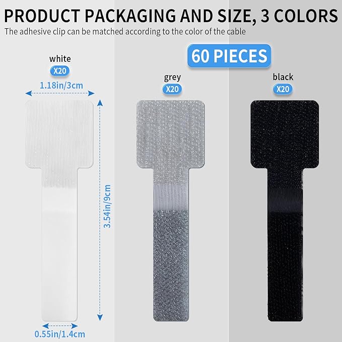 60 Pack Hook and Loop Cable Ties, Adhesive Cable Clips, Cord Organizer for Appliances,Suitable for Office And Home Use, Cable Ties Can Easily Organize Desktop Wires and Network Cables