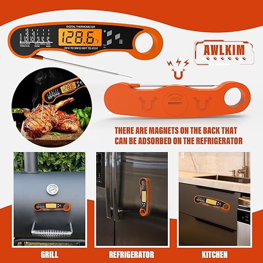 AWLKIM Digital Meat Thermometer with Doneness Chart, 2-Sec Instant Read Food Thermometer for Cooking, Grilling, Oven, Air Fryer - Waterproof Backlit Magnetic Flip Probe, Gift for Men, Dad - Orange