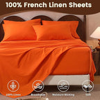 100% Linen Sheet Set Queen Size Extra Deep Pocket Fits 18-24 Inch Mattress, Breathable & Soft, Smooth 6-Piece Set for Thick Mattresses Hotel Luxury Bedding（Queen, Orange）