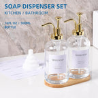 Glass Soap Dispenser with Pump, Dish and Hand Soap Dispenser for Kitchen Bathroom Set, Clear Glass Dispenser Set of 2 Pack with 18 Stickers Funnel Bamboo Tray 500ml 18oz / Each Bottle Gold Pump