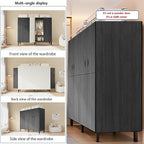 Heavy Duty Covered Clothes Rack with Magnetic Door Foldable Portable Wardrobe Closet for Hanging Clothing Rolling Black Metal Garment Rack on Wheels Closet System (Black, 70.89in)