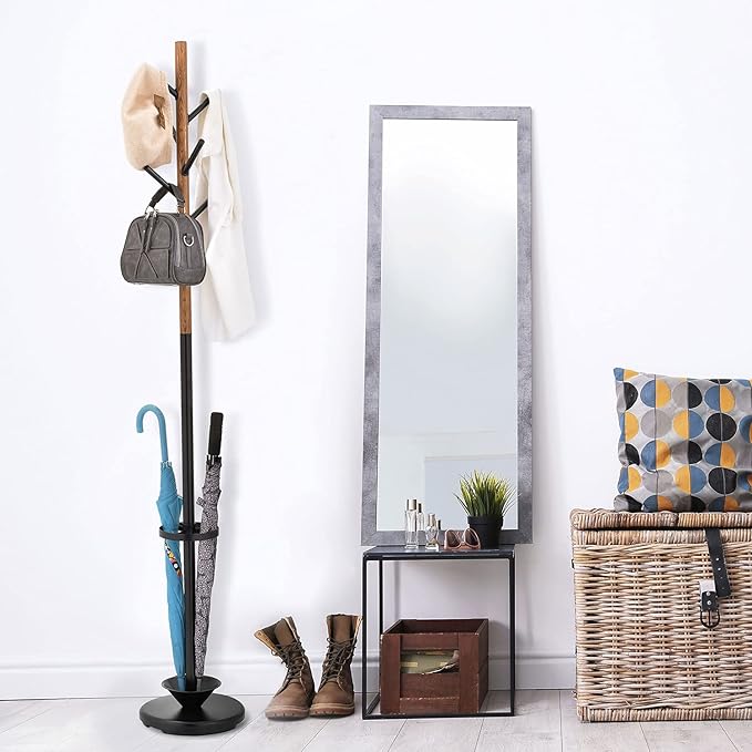 MyGift Freestanding Metal Entryway Coat Rack and Umbrella Stand with Sturdy Round Base and 6 Faux Wood Hanger Hooks