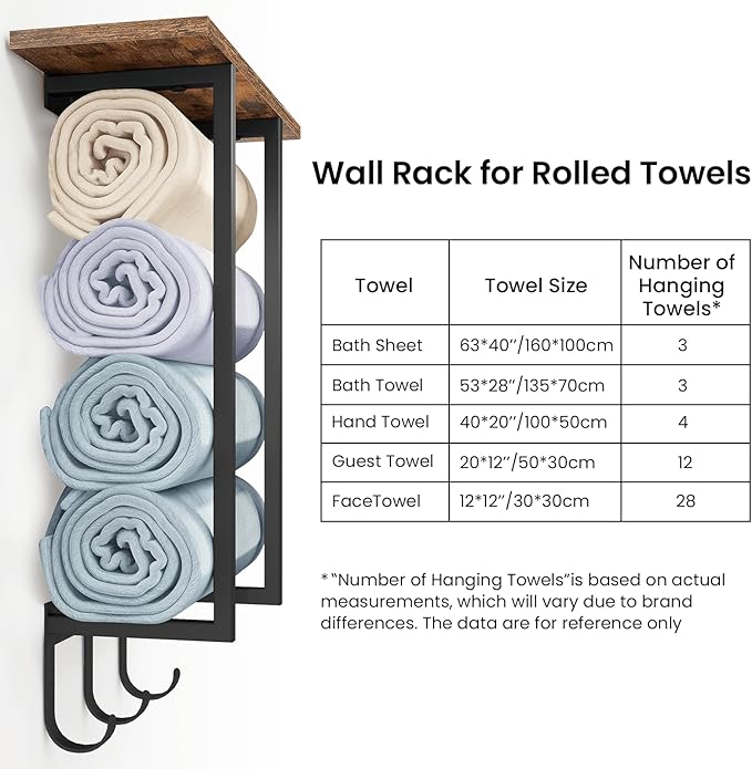 ELITEROO Towel Racks for Bathroom Wall Mounted, Towel Holder with Wooden Shelf and 3 Hooks for Washcloths Hand Towel, Bath Towel Storage Organizer for Small Bathroom, RV, Rustic Brown