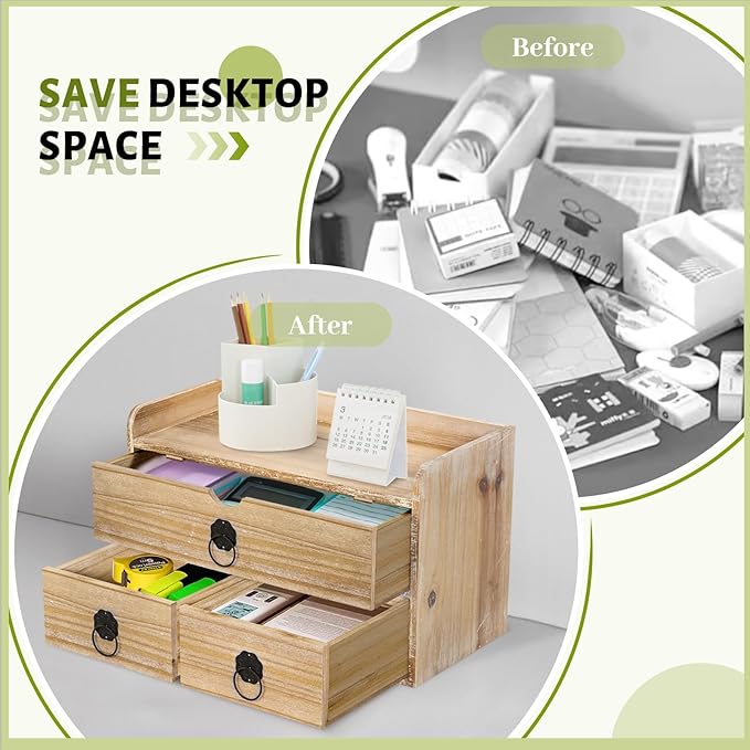 Washed White Wood Desk Organizer, Mini Desktop Organizer with Drawers, Tabletop Storage Organization for Home Office Supplies Vanity, No Assembly Required (3 Drawer and Shelf)