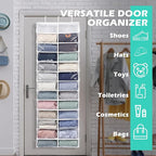 Over The Door Hoodie Organizer 26 Clear Pocket Sweatshirt Organizer with 3 Hooks Hanging Sweatshirt Hoodie Rack Holder Cabinet Behind The Doors for Dormitory Bedroom Closet Storage
