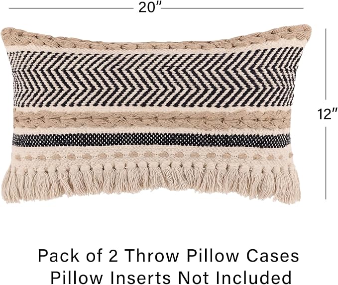 REDEARTH · Boho Textured Throw Pillow Cushion Covers - Lumbar Woven Tufted Decorative Farmhouse Cases Set for Couch, Sofa, Bed, Chair, Dining, Patio, Outdoor; 100% Cotton (12"x20", Black) Pack of 2