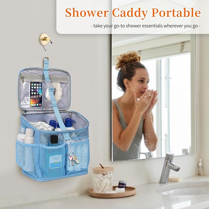 CUBETASTIC Shower Caddy Portable Mesh Shower Tote for Bathroom, Gym, Travel, Camping - Quick Dry Hanging Organizer Toiletry Bag with Handle for College Dorm Room, Men & Women (A# Blue, 9.8")