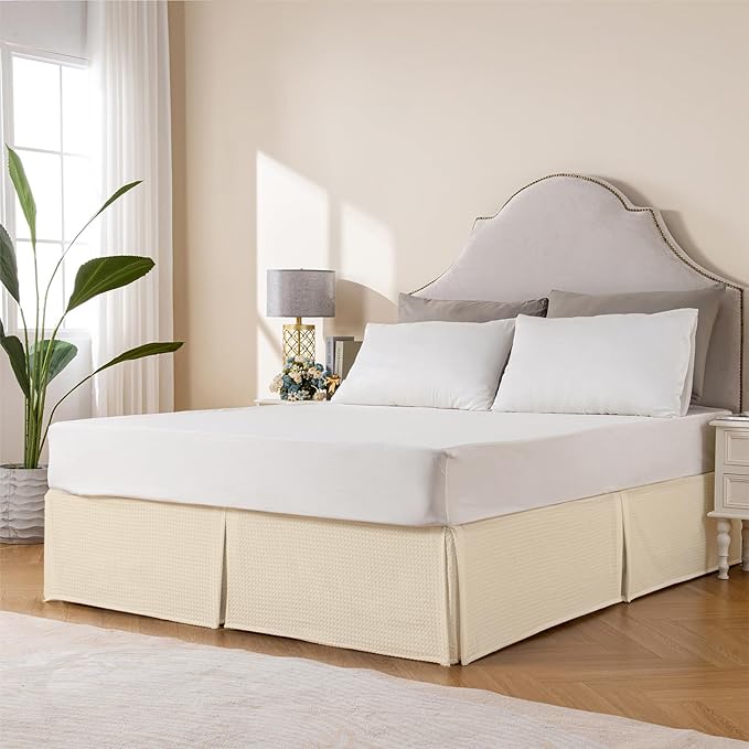 MIYE Pleated Waffle Weave Bed Skirt, Tailored Dust Ruffle 12 Inch Drop Easy Fit, Machine Washable,No Split Corners (Light Beige, Twin - 12" Drop)