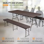 VINGLI Picnic Table Set with 2 Benches, 6 Feet Camping Table Chair Set, 3-Piece Folding Furniture for Indoor or Outdoor Use, Rattan Patterned Tabletop, Brown