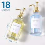Glass Soap Dispenser with Pump, Dish and Hand Soap Dispenser for Kitchen Bathroom Set, Clear Glass Dispenser Set of 2 Pack with 18 Stickers Funnel Bamboo Tray 500ml 18oz / Each Bottle Gold Pump