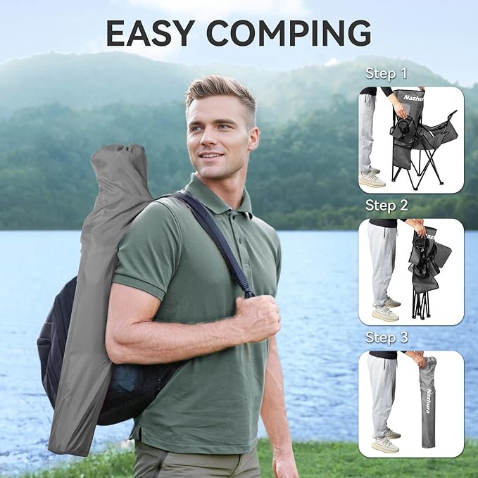 Nazhura 2 Pack Outdoor Camping Chairs Folding/Foldable/Portable with Cooler Pouch, Mesh Backrest and Cup Holder Pocket(Grey, 2 Pack)