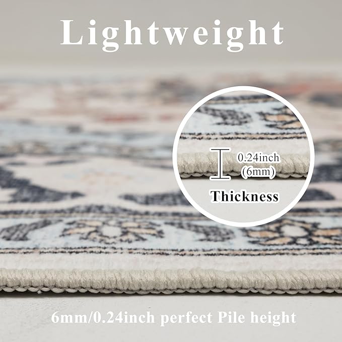 4x6 Washable Area Rug for Living Room, Carpet for Bedroom, Soft Faux Wool Retro Dining Room Rug, Non Slip&Non-Shedding Resistant Low Pile Vintage Print Rug for Home Office (Blue/Gray)