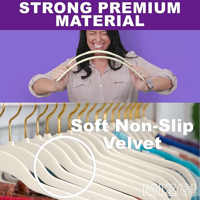 MIZGI Premium Velvet Hangers Pack 40 Pcs Heavy Duty - Non Slip Felt Hangers - Velvet Suit Hangers Ivory with Gold Hooks,Space Saving Clothes Hangers