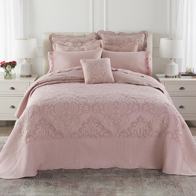 BrylaneHome Bedding Lightweight All Season Modern Amelia Quilted Damask Oversized Ultra Soft Bedspread - Twin, Ashley Blue