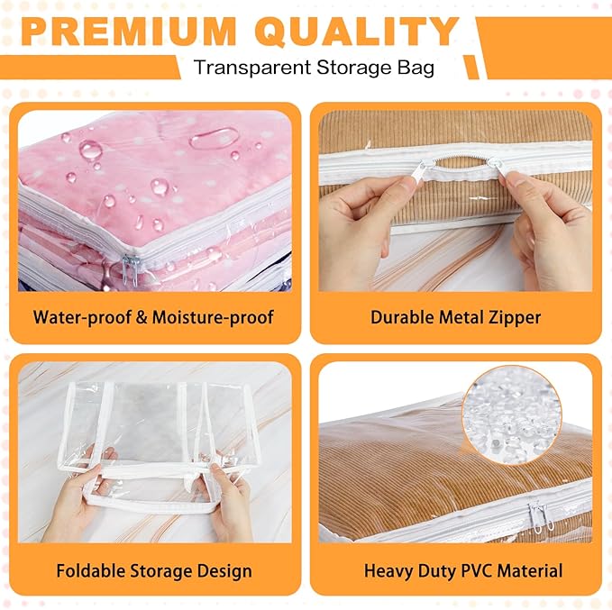 Clear Zippered Storage Bags Plastic Sweater Storage Bags with Zipper 6 Packs Clothing Organizer for Blankets Linen Sweater Bed Sheet Quilt Clothes Pillow (12 x 12 x 4 Inch, White)