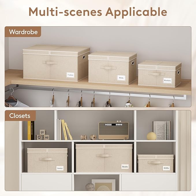 Lifewit Clothes Storage Bins with Lids, Fabric Foldable Storage Boxes with Handles, Decorative Closet Organizer, Stackable Cube Baskets Container for Bedroom, Office, 21L Medium Beige, 5 Packs