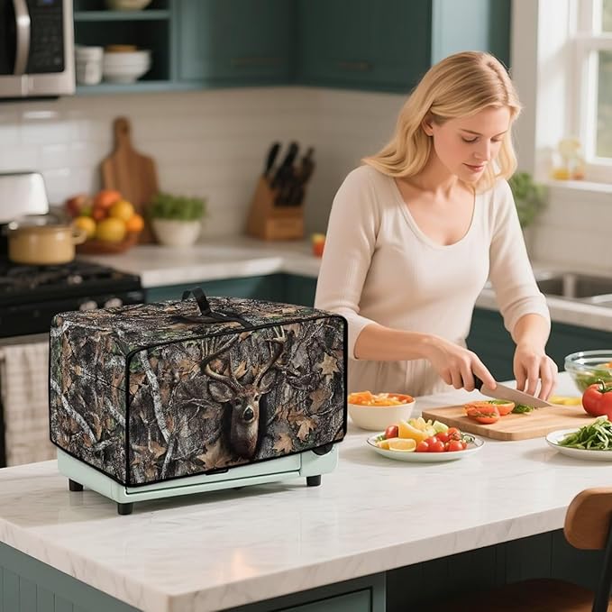 Dust-Proof Microwave Oven Cover Protector Microwave Oven Grill Cover Deer Elk Forest Camo Hunting Print Universal Kitchen Appliance Protector Case Protections for Toaster Oven, L