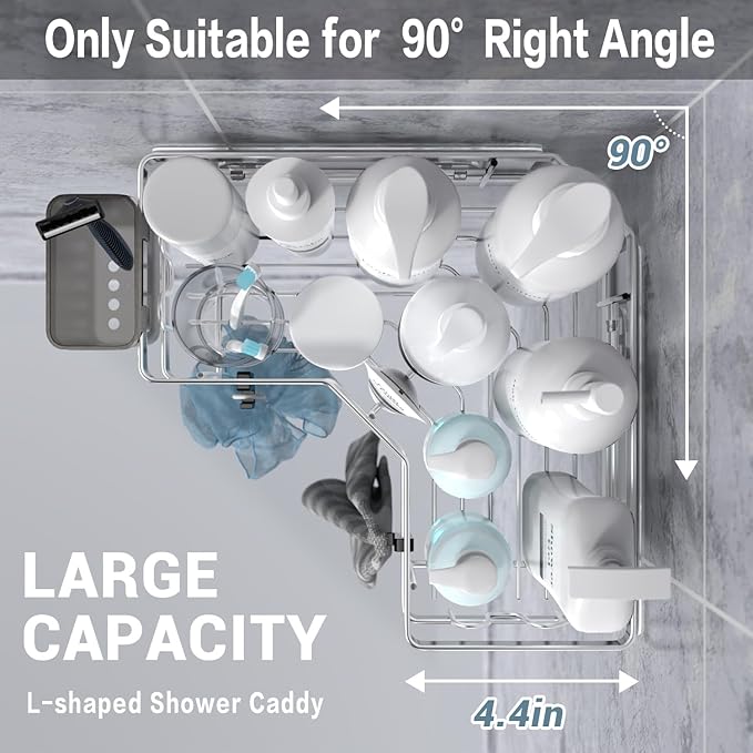 AKTECKE Corner Shower Caddy Shelf Rack: 2 Pack Adhesive Shower Organizer Essentials - No Drilling Stainless Steel Bathroom Storage Rack with Hooks and Toothpaste Holder