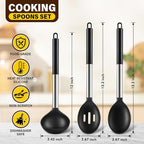 3 Pcs Silicone Cooking Spoon Set, Kitchen Utensils Include Solid & Slotted Spoon, Soup Ladle, Food-Grade Heat Resistant, Non-Scratch Spoons for Serving, Stirring, Draining, Dishwasher Safe, Black