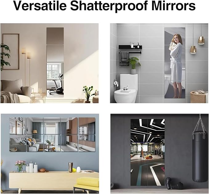 Full Length Wall Mirror Tiles - 12 PCS, 14x12 Inch Frameless Mirrors for Bedroom, Home Gym, Bathroom, Door – Shatterproof Mirror Tiles