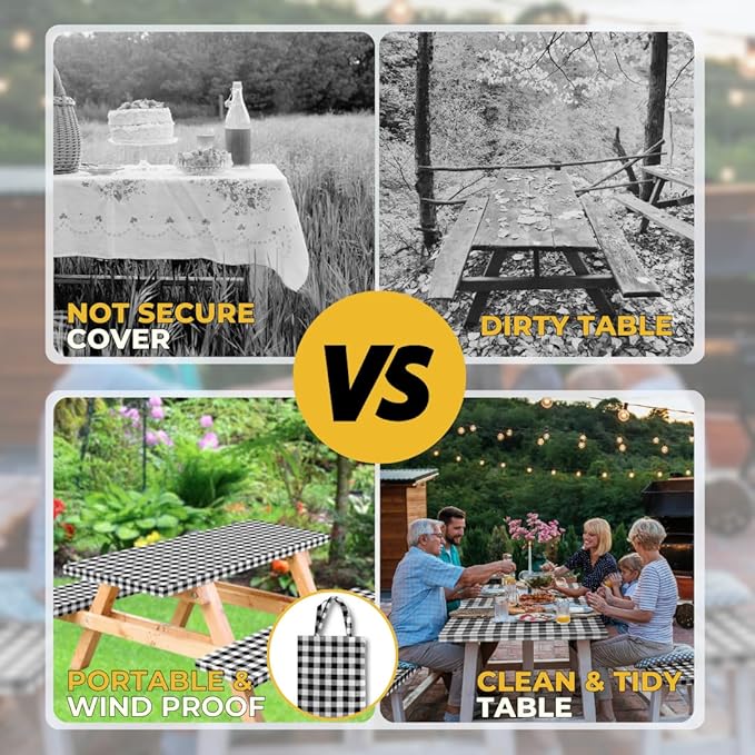 RNOONY Vinyl Fitted Picnic Table Cover with Bench Covers and Bag,8ft Outdoor Waterproof Picnic Tablecloth with Elastic Edges, 96x30 Inches 3 Pcs Set (Black Checkered)