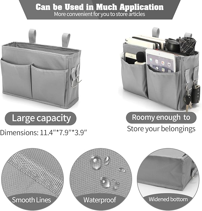 Bseash Bunk Bed Organizer, Bedside Caddy Hanging Bed Organizer Storage Bag with 4 Pockets and 2 Hooks, for College Dorm Rooms Bed, Hospital Bed, Baby Bed Rails, 600D Oxford Cloth (Gray)