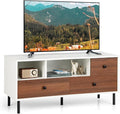 Tangkula Farmhouse TV Stand for 50-inch TVs, Modern Flat Screen Console Table with 2 Cubbies & 3 Large Drawers, Entertainment Center Storage Cabinet for Living Room (White & Walnut)