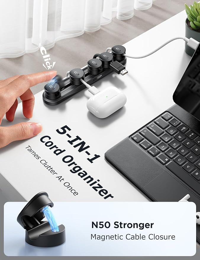 5-in-1 Magnetic Cord Organizer JOYROOM Cable Clips[Adjustable Sliding Track] Under Desk Adhesive Cord Management Wire Keeper for Computer Phone, Office Workspaces Table Organization Home Accessories